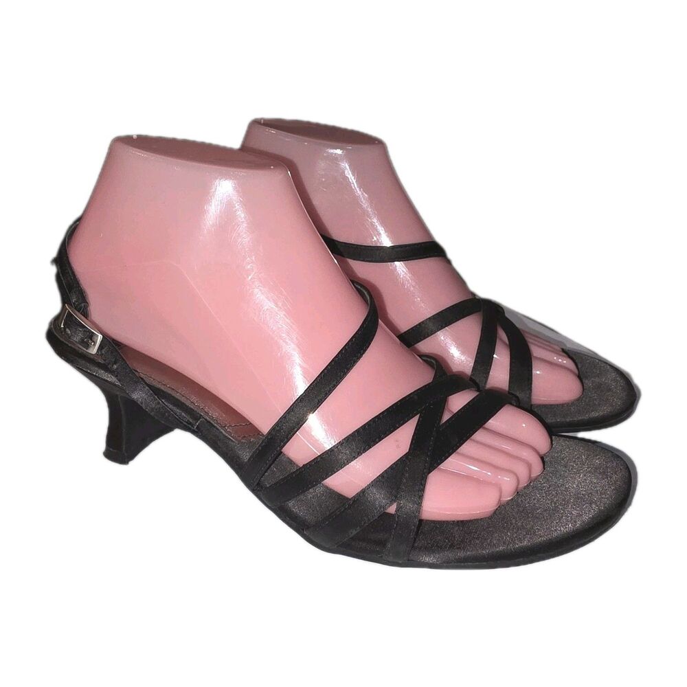UNLISTED KENNETH COLE Sz 9 Black Satin Strappy Prom Whimsygoth Y2K Kitten Heels